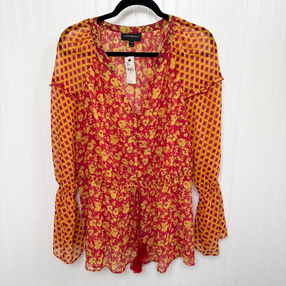 Lane Bryant Red & Yellow Mixed Print Semi Sheer Boho Blouse Plus Size 18/20 NEW
